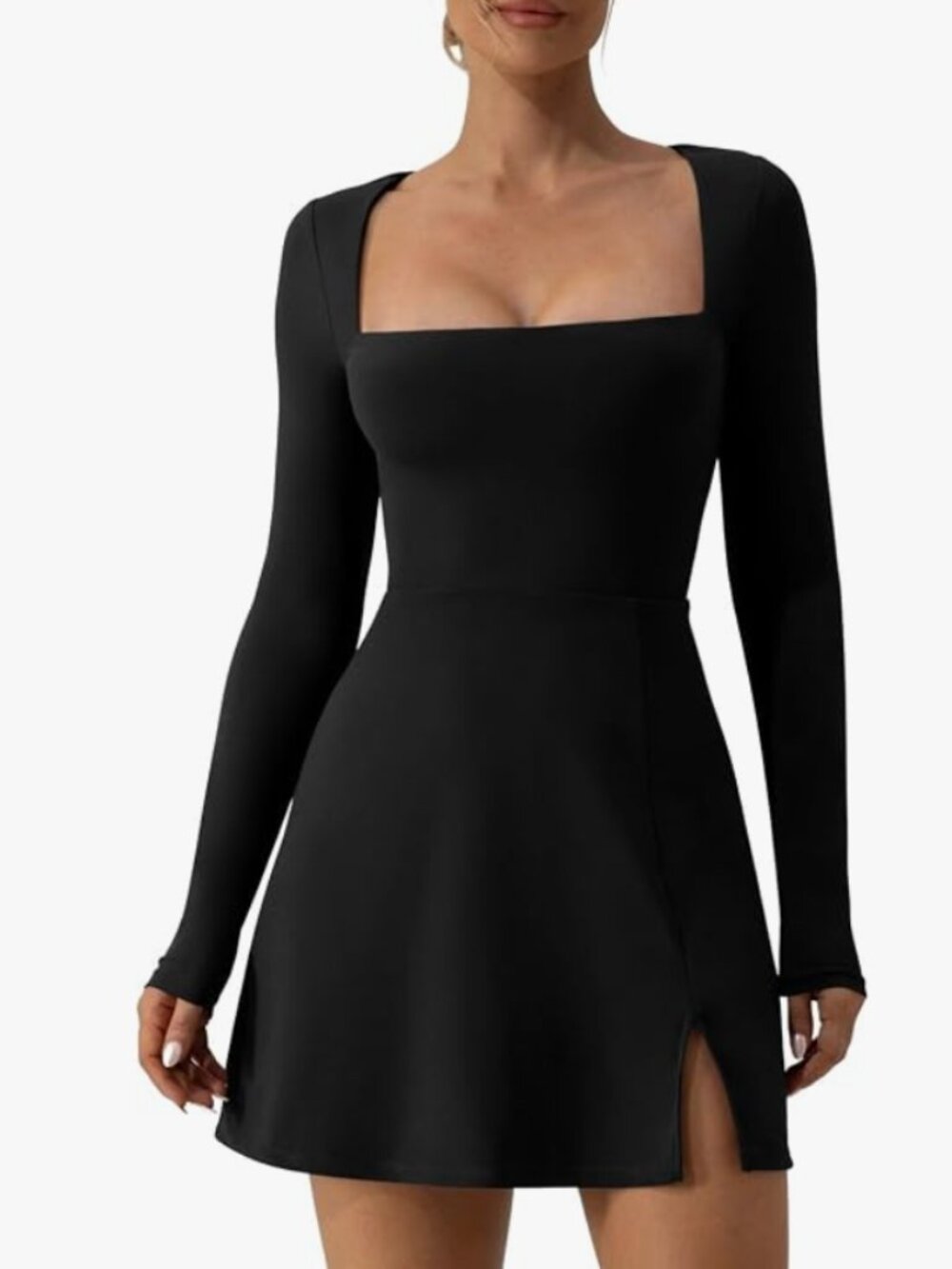 Square Neck Long Sleeve Flare Dress with Side Slit Women Mini